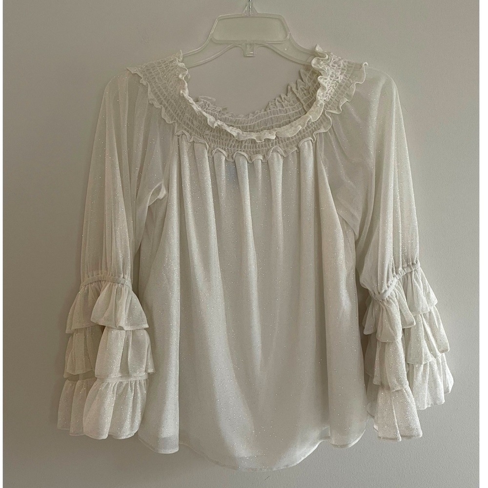 CeCe Cream Glitter Sparkle Off Shoulder Blouse Tiered Ruffle Bell Sleeve Medium